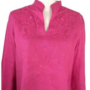 Ralph Lauren Fuchsia embroidered front, split neck, long sleeve linen tunic/2-3X